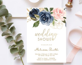 Wedding Shower Invitation, Editable Bridal Shower Invite, Bridal Shower Printable, Navy Blue Blush Rose Flowers Gold, Wedding Shower Navy