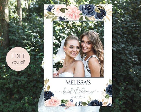 Bridal Shower Photo Booth Frame, Navy Blush Pink Photo Prop Frame, Photo Booth Prop, Editable PDF, Navy Gold Dusty Rose Floral, Corjl