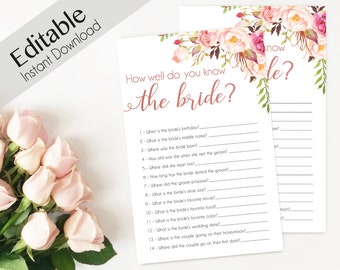 Bridal Shower Game, How well do you know the bride, Editable PDF, Bridal Shower Romantic Blush Pink Rose Flowers Gold, Editable Game