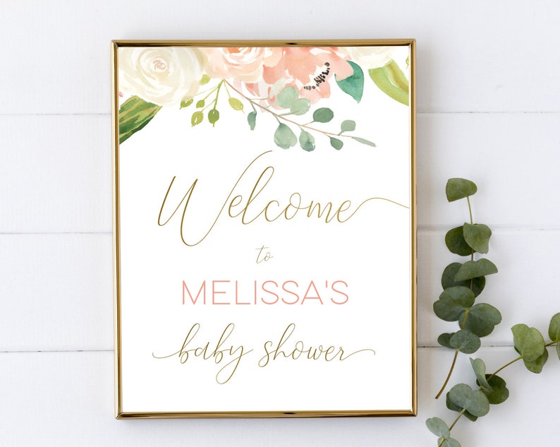 Puede incluir: Un cartel blanco con marco dorado y dise&ntilde;o floral. El cartel dice "Bienvenido al baby shower de Melissa".