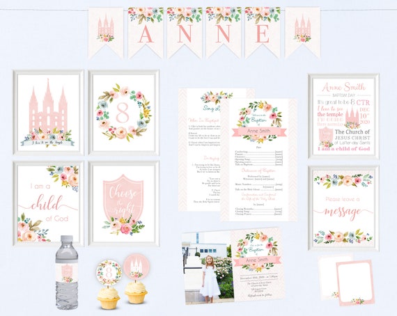 Baptism Girl, Editable Baptism program, LDS Baptism Girl Set, Editable Template, Baptism Program, Watercolor Floral, Corjl