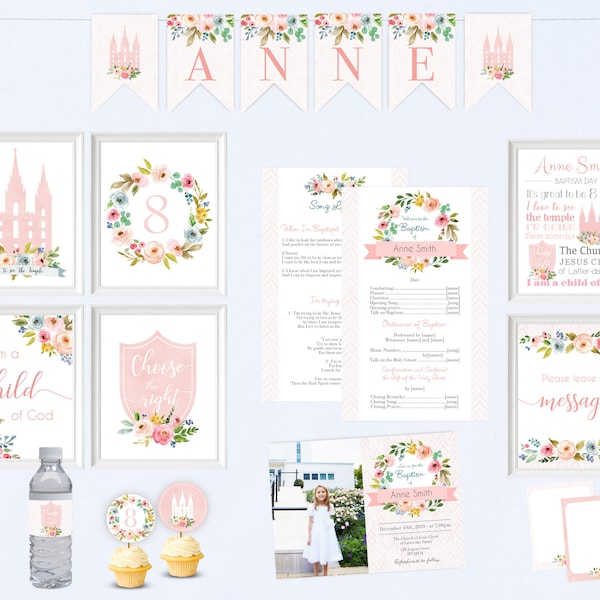 Baptism Girl, Editable Baptism program, LDS Baptism Girl Set, Editable Template, Baptism Program, Watercolor Floral, Corjl