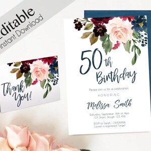 50th birthday Invitation,Editable PDF Fifty birthday Blue Navy Marsala Burgundy Blush Floral Thank you Card DIY birthday Invitation Template