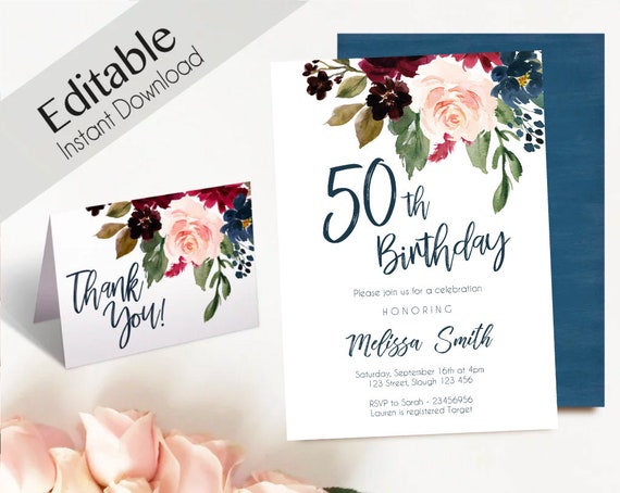 50th birthday Invitation,Editable PDF Fifty birthday Blue Navy Marsala Burgundy Blush Floral Thank you Card DIY birthday Invitation Template