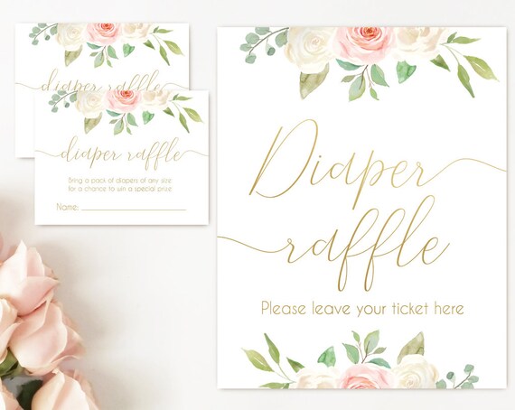 Diaper Raffle Sign, Diaper Raffle Card, Baby Shower Sign Printable, Romantic Blush Pink White Floral Gold, Baby Shower, Instant Download