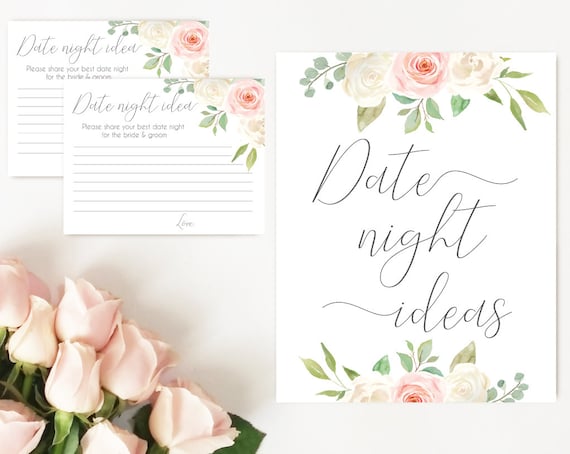 Date night ideas, Blush White Pink, date night cards, date night sign, Bridal Shower Game, instant download, party game