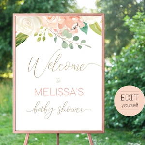 Puede incluir: Un cartel de bienvenida imprimible para un baby shower con un dise&ntilde;o floral en tonos rosa, blanco y verde. El cartel dice "Bienvenido a la fiesta de bienvenida de Melissa".