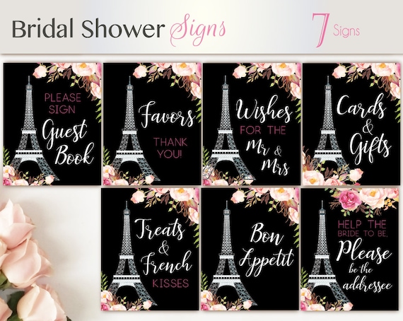 Sign Paris Themed Bridal Shower, Bridal Shower Sign Package Bundle, French Decor Eiffel Tower Romantic Blooms Rose Floral Sign, French Theme