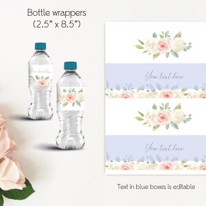 May include: Printable water bottle labels with a floral design featuring white and pink roses, green leaves, and the text "Your text here" in a blue box. The labels are 2.5 inches by 8.5 inches.