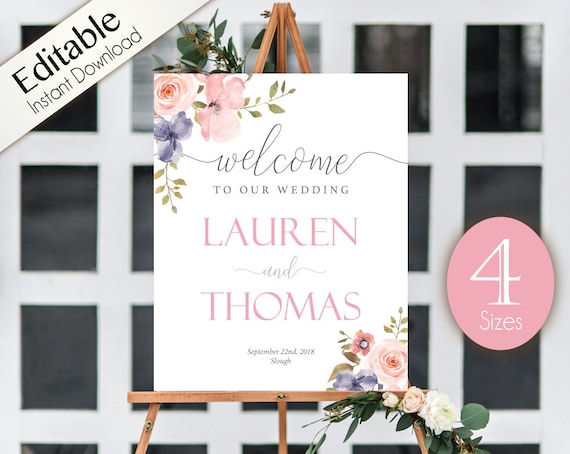 Welcome Sign Wedding Romantic Blush Pink Grey Niagara Flowers Editable Printable Welcome Poster PDF Template Instant Download Printable