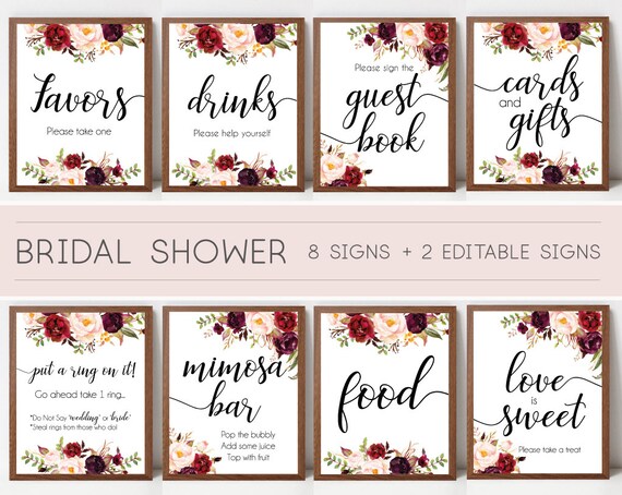 Bridal Shower Sign Set, Bridal Shower Sign Package Bundle, Printable Bridal Tea Sign, Marsala Flowers Sign, Signs Bundle, Editable Sign