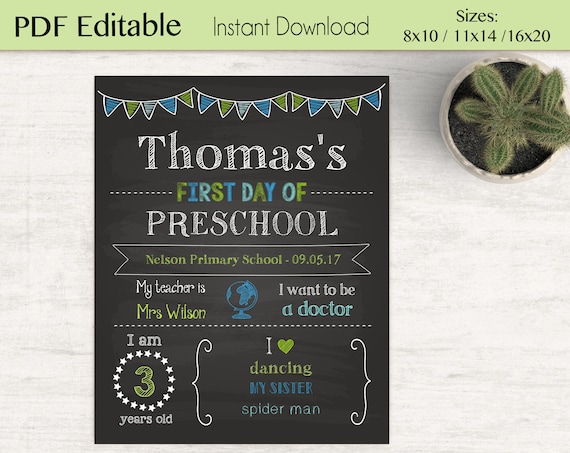 First Day of School Sign, First day of School Chalkboard Editable school sign, Chalkboard Boy, Blue Green, Kindergarten, INSTANT DOWNLOAD