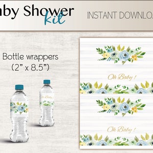 May include: Printable baby shower bottle wrappers with a watercolor floral design in shades of blue, green, and yellow. The wrappers feature the text "Oh Baby!" and are 2 inches by 8.5 inches.