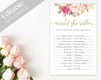 May include: A printable bridal shower game with a floral design. The game asks guests to guess which choice the bride-to-be would pick from a list of options. The text "would she rather" is written in gold script.