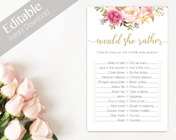 Bridal Shower Game Would she rather Editable PDF Bridal Shower Romantic Blush Pink Blooms Gold Watercolor Flowers, Editable Game