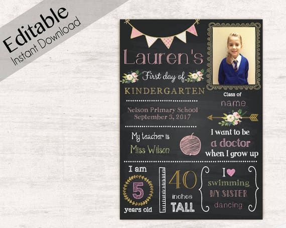 First Day of School/Last Day Chalkboard Print, Editable Text, DIY, Art Print, Chalkboard Sign, Photo, Grade School, Flower, INSTANT DOWNLOAD