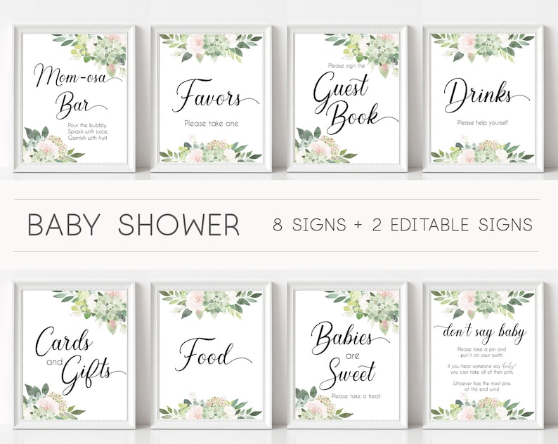 Baby shower Succulent Greenery and black Baby Succulent Signs Editable Sign Baby Shower Sign Package Bundle Baby Shower Sign Set