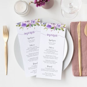 Douche nuptiale de menu modifiable, Menu de fête, Menu imprimable, Menu d'événement de fleurs violet lilas, réception de mariage de carte de menu floral, Corjl