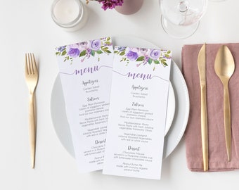 Editable Menu Bridal Shower, Party Menu, Printable Menu, Lilac Purple flowers Event Menu, Floral Menu Card Wedding Reception, Corjl