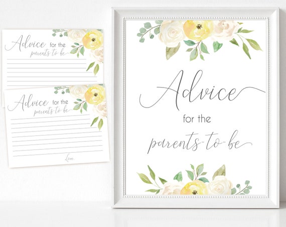 Advice for the parents to be Sign, Advice Cards, Baby Shower Sign Printable, Yellow White Floral Gold, Baby Shower, Instant Download