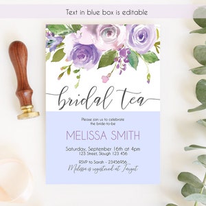 May include: Purple and white floral bridal shower invitation with the text "bridal tea" in black script font. The invitation includes the bride-to-be's name, Melissa Smith, the date and time of the event, and the address. It also includes the RSVP information and the store where the bride is registered.