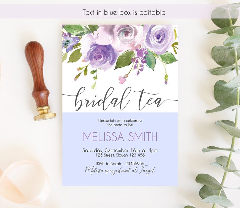 May include: Purple and white floral bridal shower invitation with the text "bridal tea" in black script font. The invitation includes the bride-to-be's name, Melissa Smith, the date and time of the event, and the address. It also includes the RSVP information and the store where the bride is registered.