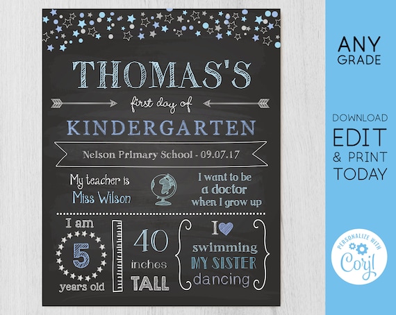 Back to School Sign, First/Last Day of School Sign, First day of School Chalkboard Editable school sign, Chalkboard Boy, Blue Stars, Corjl