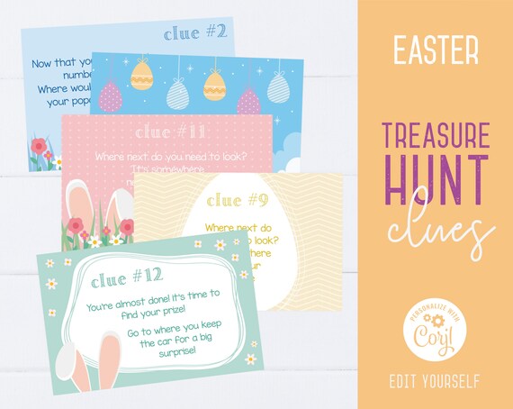 Easter Treasure Hunt Clues, Editable Easter Scavenger Hunt Clue Cards, Easter Game Files, Printable Kids Treasure Hunt, Corjl