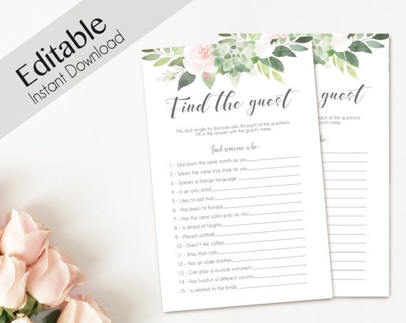 Bridal Shower Game Find the Guest Editable PDF Bridal Shower Succulent Blush Pink Watercolor Flowers, Editable Game, Find the guest