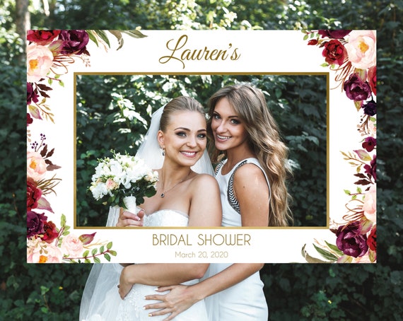 Bridal Shower Photo Booth Frame, Bridal Shower Photo Prop Frame Horizontal, Marsala Burgundy Blush Floral Gold, Corjl