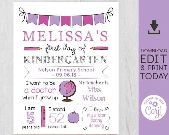 Back to School Sign, First/Last Day of School Sign, Back to School template, 1st day of school Chalkboard Editable, White board girl, Corjl