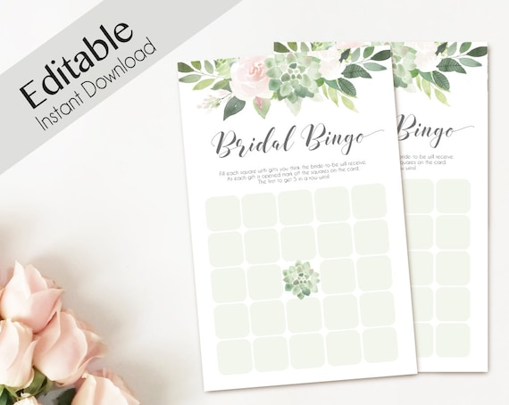 Bridal Bingo Game Editable PDF Bridal Shower Succulent Dusty Rose Greenery Watercolor Flowers Wedding shower game Bachelorette party