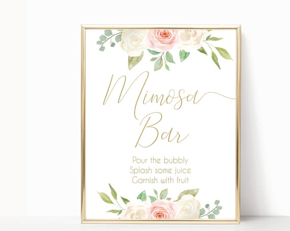 Mimosa Bar sign, Blush White Pink Gold flowers, Bubbly Bar Sign, Wedding Bar Sign, Printable Sign, Wedding Sign, Engagement Party Mimosa