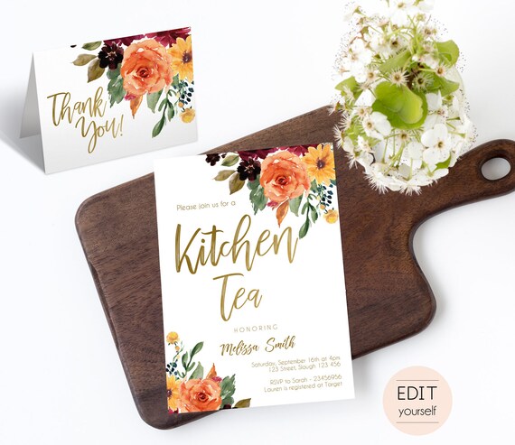 Kitchen Tea Invitation, Editable Invitation, Bridal Shower, Autumn fall flowers, Orange Sunflower Gold, Thank you Card, DIY Template, Corjl