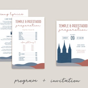 May include: A printable program and invitation for a Temple and Priesthood preparation event. The program includes a schedule with spaces for names and the invitation features a blue silhouette of a temple with the date and time of the event.