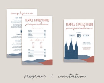 May include: A printable program and invitation for a Temple and Priesthood preparation event. The program includes a schedule with spaces for names and the invitation features a blue silhouette of a temple with the date and time of the event.