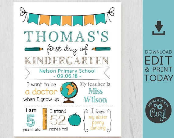 Back to School, First/Last Day of School Sign, Back to School Template, 1st day of school, Chalkboard Editable, Blue Sign, White, Corjl
