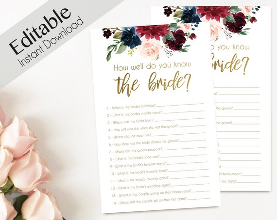 Bridal Shower Game, How well do you know the bride, Editable PDF, Bridal Shower, Blue Navy Marsala Burgundy Blush Gold, Editable Game