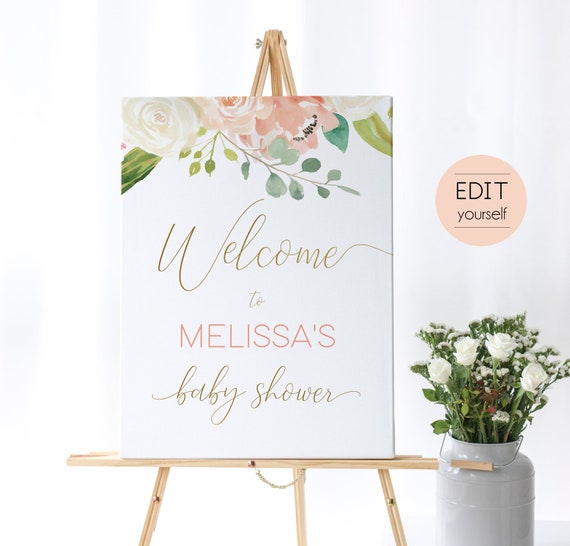 Peach Baby Shower, Welcome Sign Baby Shower, Template Baby Shower, Editable PDF, Welcome Baby Shower Sign Gold, Editable Sign