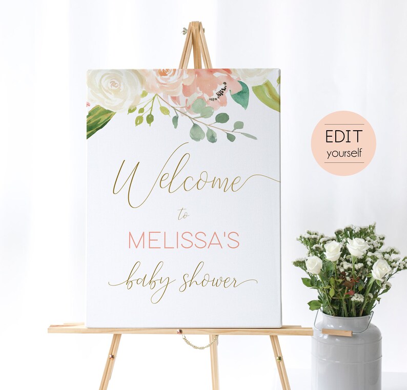 Puede incluir: Un cartel de bienvenida blanco con un dise&ntilde;o floral en tonos rosa y blanco. El cartel dice "Bienvenido a la Baby Shower de Melissa" en letras doradas y rosas.