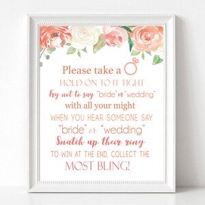 Don&#39;t Say Bride or Wedding, Bridal Shower Games Printable, don&#39;t say bride game, Peach Floral Sign, INSTANT DOWNLOAD