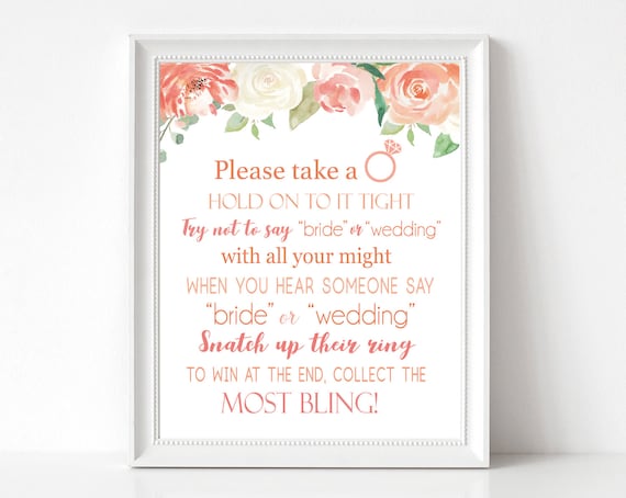 Don't Say Bride or Wedding, Bridal Shower Games Printable, don't say bride game, Peach Floral Sign, INSTANT DOWNLOAD