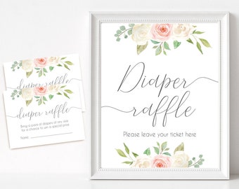 Signo de rifa de pañales, tarjeta de rifa de pañales, signo de baby shower imprimible, romántico rubor rosa blanco floral, baby shower, descarga instantánea