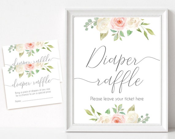 Diaper Raffle Sign, Diaper Raffle Card, Baby Shower Sign Printable, Romantic Blush Pink White Floral, Baby Shower, Instant Download