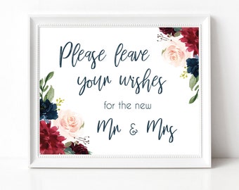 Well Wishes for the New Mr. & Mrs. Sign, Wedding guest book sign, Wedding Advice sign, printable wedding sign, Navy Blue Marsala