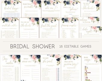 Bridal Shower Games, Bridal Shower Games Bundle, wedding shower games, editable games, Blue Navy Blush Rose and Gold, BG01