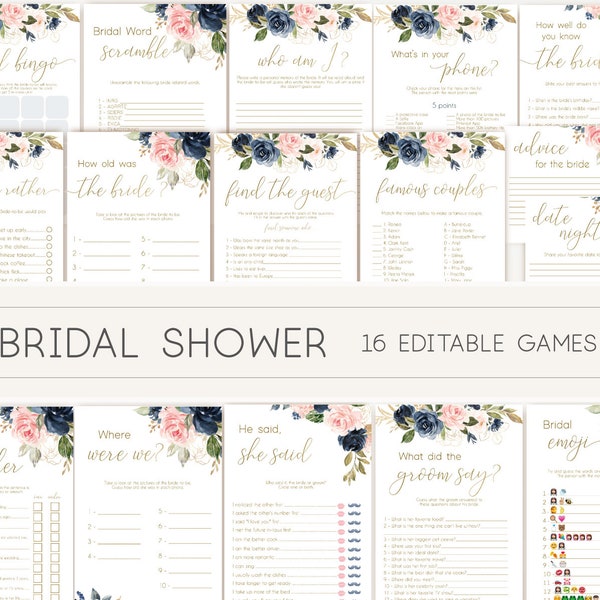 Bridal Shower Games, Bridal Shower Games Bundle, wedding shower games, editable games, Blue Navy Blush Rose and Gold, BG01