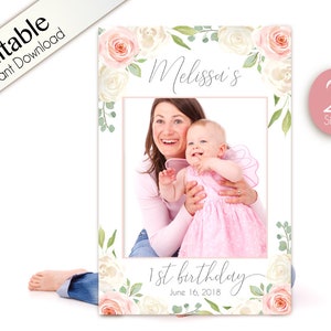 First Birthday Photo Booth Frame, 1st birthday Photo Prop Frame, prop frame, Photo Booth Prop Frame, girl birthday White Blush Pink Floral