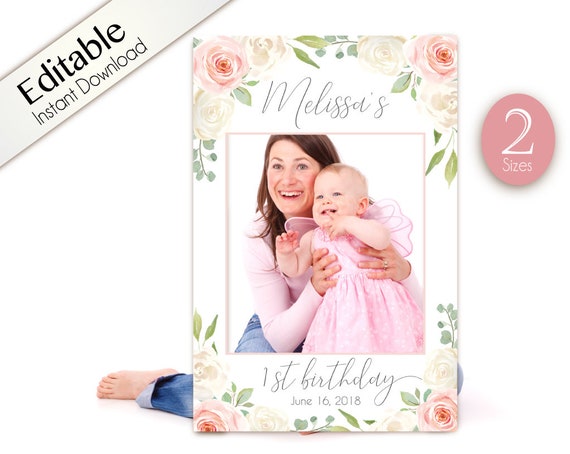 First Birthday Photo Booth Frame, 1st birthday Photo Prop Frame, prop frame, Photo Booth Prop Frame, girl birthday White Blush Pink Floral