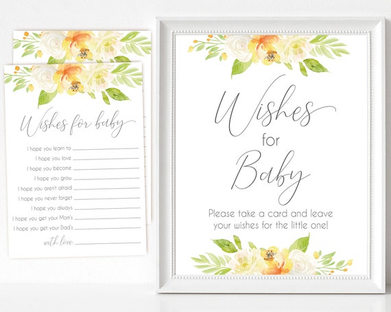 Wishes for baby Sign, Wishes for baby Card, Baby Shower Sign Printable, citrus floral, green yellow flower, Baby Shower, Instant Download